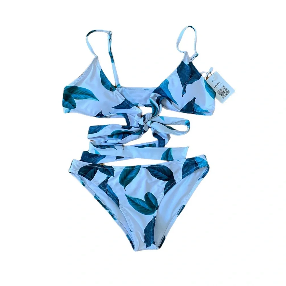 CUPSHE Fresh Leaves 2 Piece Bikini Wrap‎ Top White Green SMALL - Picture 3 of 12